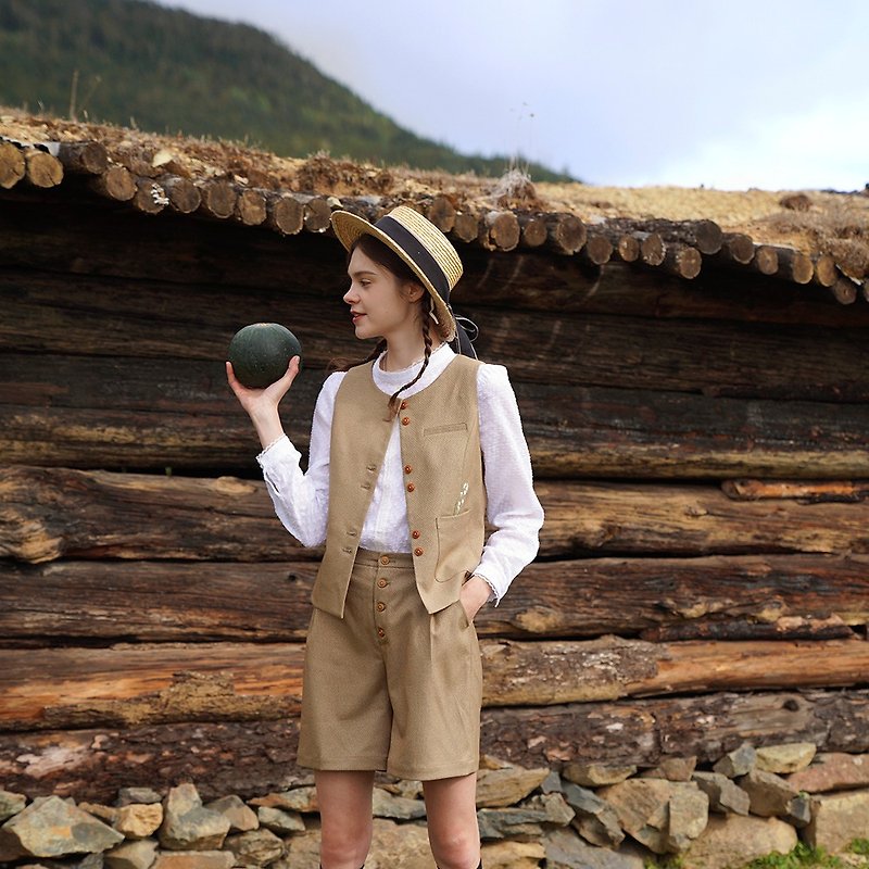 MintCheese早秋復古電影中的英倫古典少女棕綠色鈴蘭刺繡馬甲 - 女裝 上衣 - 聚酯纖維 咖啡色