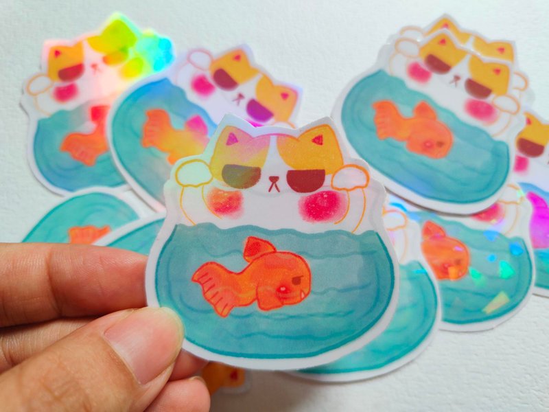 Cat with fish cute sticker journal sticker - สติกเกอร์ - กระดาษ 