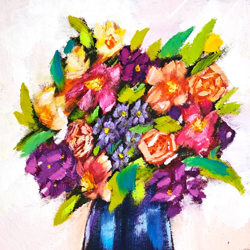 Hydrangea Painting Rose Original Art Roses Oil Painting Flowers Wall Art - 海報/掛畫/掛布 - 其他材質 多色