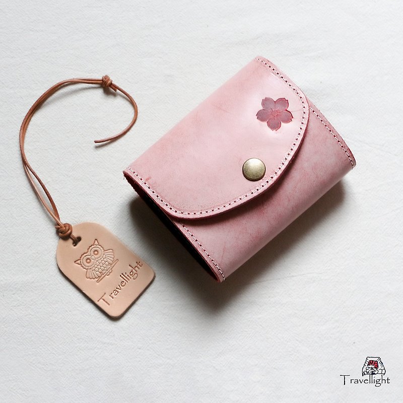 桜ピンク手縫いヌメ革牛革長財布カードケース - 銀包 - 真皮 粉紅色