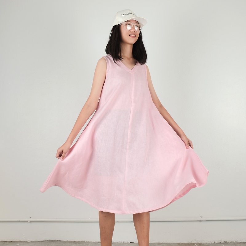 A-dress Linen Fabric (Pink) for Valentine's Day - ชุดเดรส - ผ้าฝ้าย/ผ้าลินิน สึชมพู