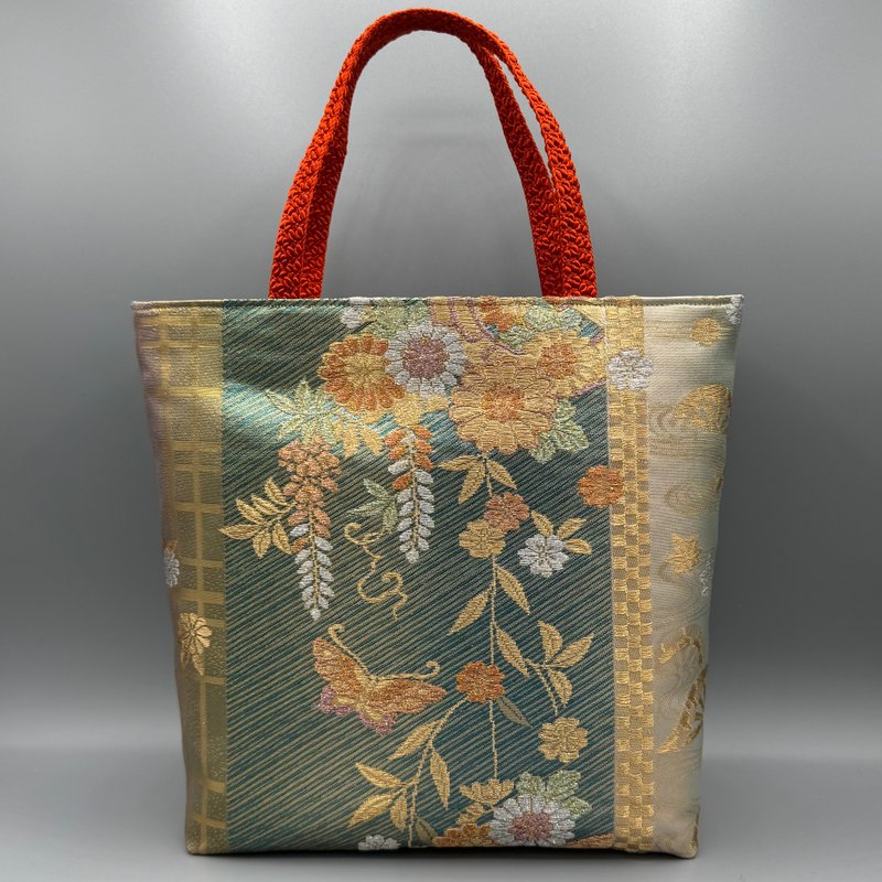 着物 帯 帯締め ハンドメイド トートバッグ リメイク 青 金 - 手提包/手提袋 - 絲．絹 藍色