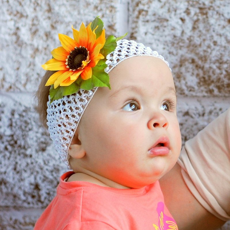 Sunflower flower headband baby girl.  Elastic headband flowers, newborn prop 兒童髮 - 髮夾/髮飾 - 其他材質 黃色