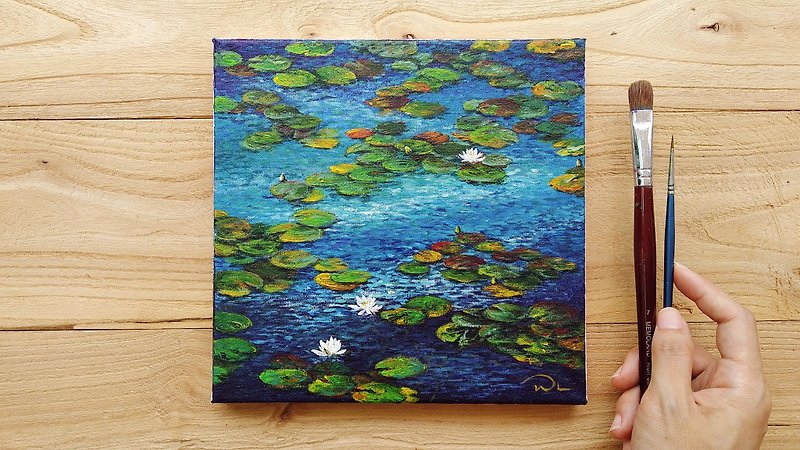 【Summer Lilies】Original Acrylic Painting. Water Lily Pond Flowers Art. - โปสเตอร์ - ผ้าฝ้าย/ผ้าลินิน 