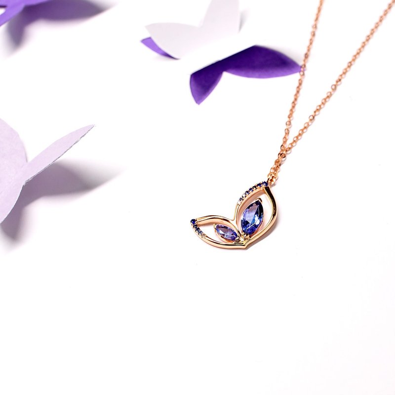 18K Solid Gold Tanzanite Butterfly Pendant, Long Necklace, Dress Necklace - P053 - สร้อยคอ - เครื่องเพชรพลอย สีน้ำเงิน