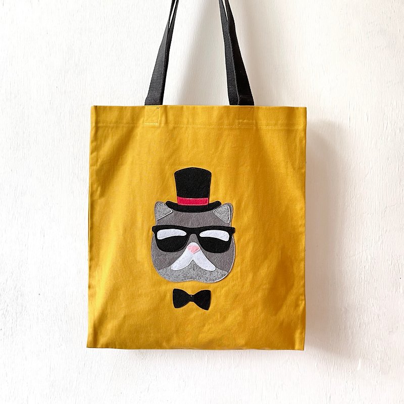 黑超紳士貓, 厚帆布布袋, 全人手製Tote Bag - 側背包/斜孭袋 - 棉．麻 橘色