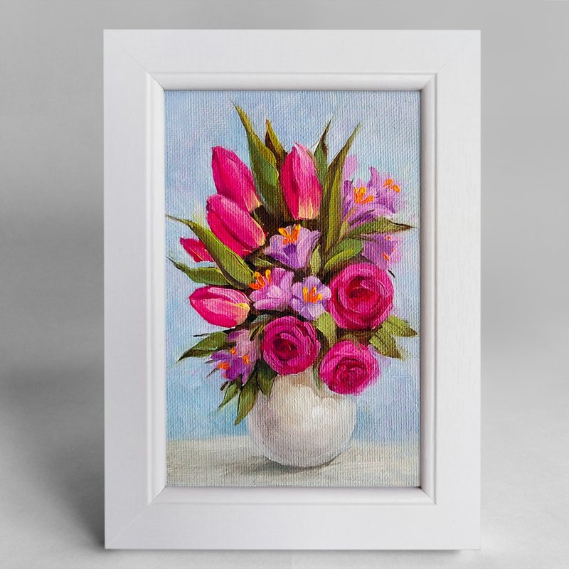 Flower bouquet Oil Painting on canvas Framed Original Tulips and roses Decor - ตกแต่งผนัง - ผ้าฝ้าย/ผ้าลินิน 