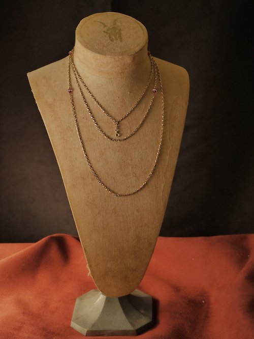 鑲珹古董珠寶 1890s 法國 新藝術時期 紅白玻璃珠包金長鍊