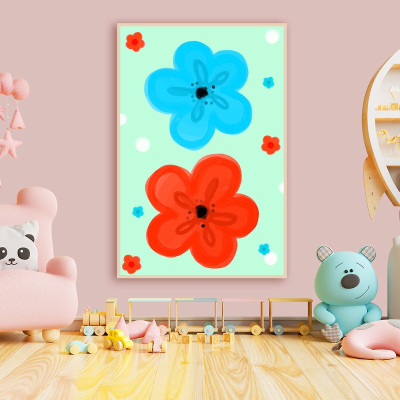Kids poster with two flowers - Child room wall art - Poster for children - Posters - Other Materials Red