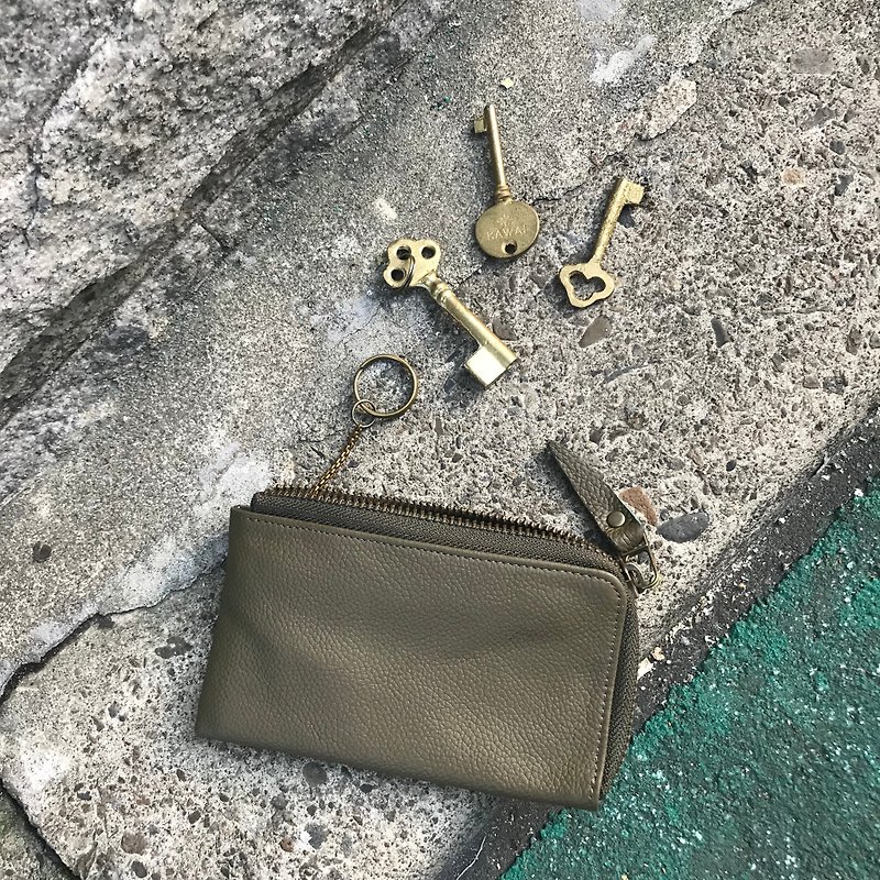 Sienna leather L zipper long key card change car key - Keychains - Genuine Leather Green