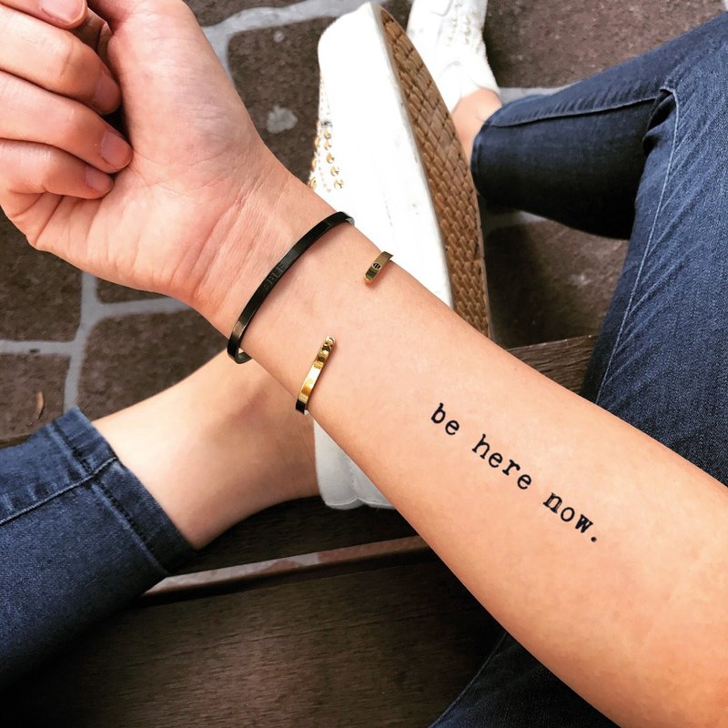 Be Here Now Quote Temporary Fake Tattoo Sticker (Set of 2) - OhMyTat - Temporary Tattoos - Paper Black
