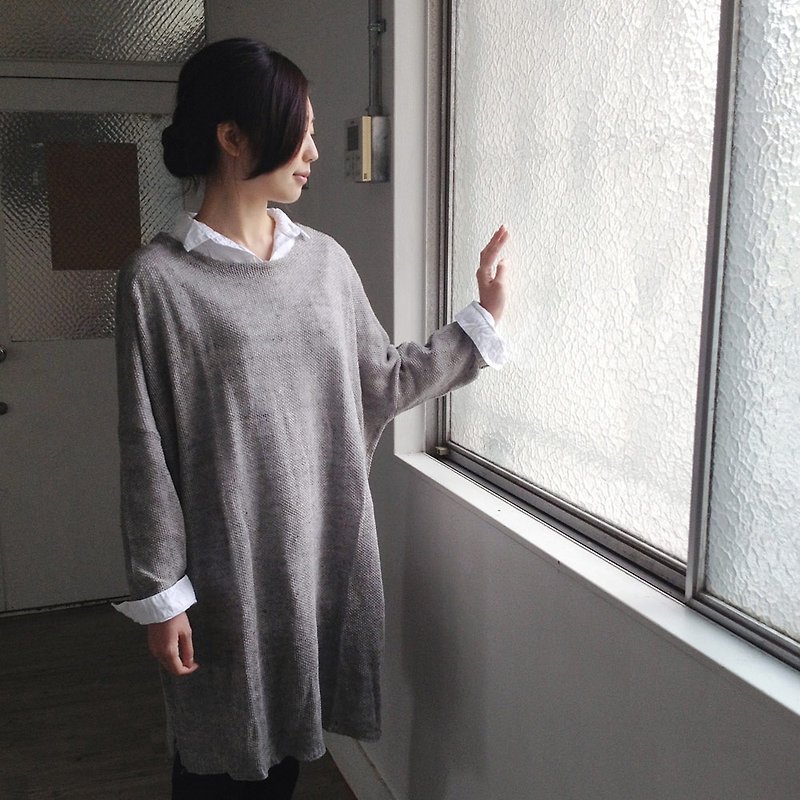 Linen100percent heather knitted drop shoulder Kanoko knitting tunic - 毛衣/針織衫 - 棉．麻 