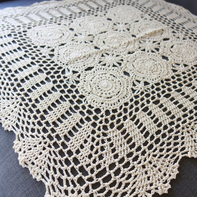 Crochet Square Doily Hand-Knitted Lace Motif Off-White Granny 60cm Square #2 - อื่นๆ - ผ้าฝ้าย/ผ้าลินิน ขาว