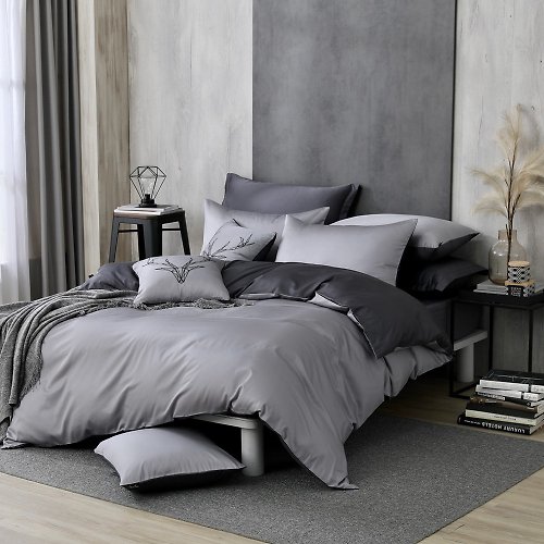 OLIVIA 原創設計寢具 Basic8銀灰X合金灰/300織精梳長絨棉/床包兩用被套組/床包被套組