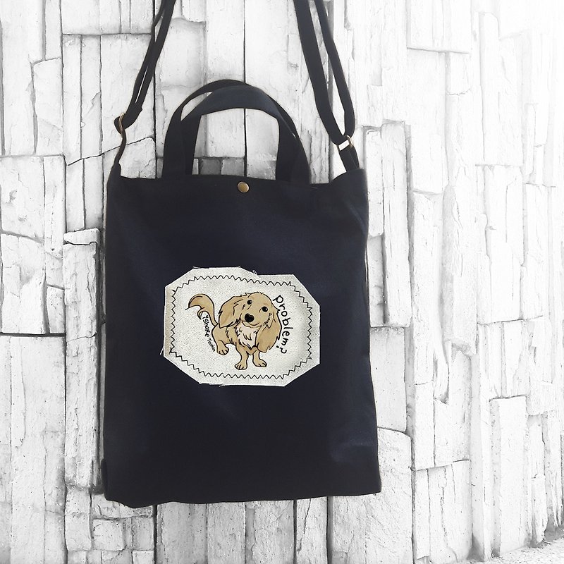 Sausage black-A4 hand-sewn printed canvas bag / oblique bag / shoulder bag - Messenger Bags & Sling Bags - Cotton & Hemp Black