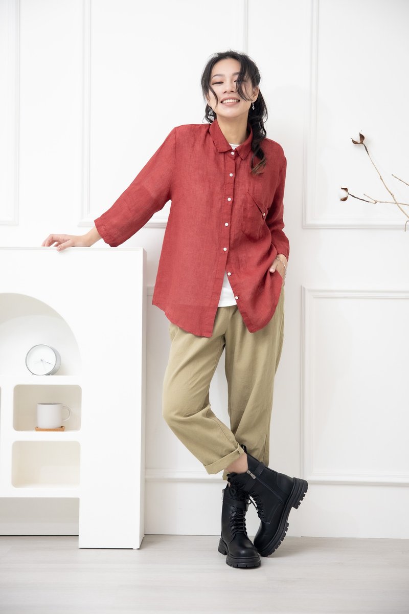 素面造型口袋七分袖襯衫上衣 紅色 - 女 T 恤 - 其他材質 紅色