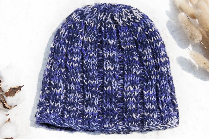 Hand-knitted pure wool hat/knitted hat/knitted woolen hat/inner bristle flower woolen hat/wool thread hat-purple - หมวก - ขนแกะ สีม่วง