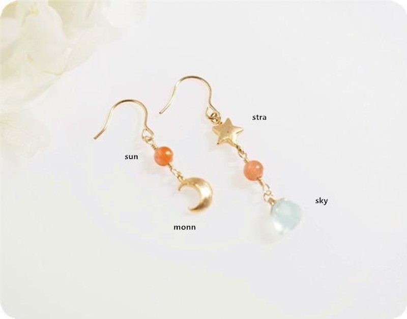 Allowed changes to the moon sun stars sky chalcedony and Sun Stone of asymmetrical earrings Clip-On - ต่างหู - เครื่องเพชรพลอย สีน้ำเงิน