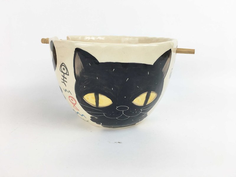 Nice Little Clay handmade bowl _ happy black cat 0201-14 - Bowls - Pottery White