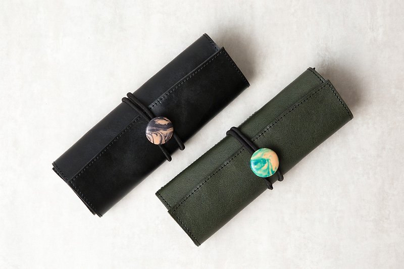 Hand-dyed leather buckle storage work bag | pencil case | black and green - Pencil Cases - Genuine Leather Black