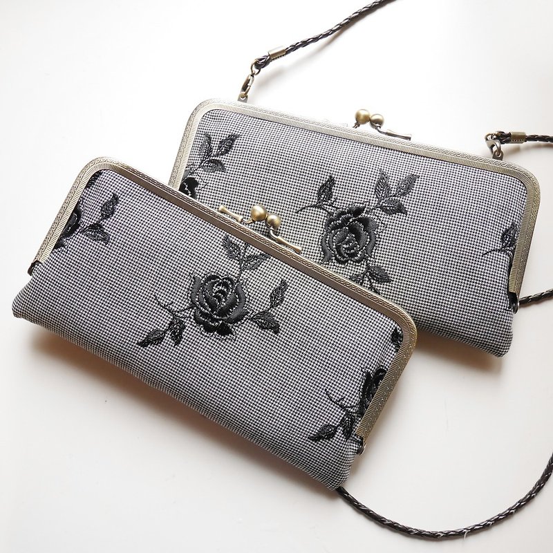 Black Rose knife too small shoulder bag shoulder bag mouth gold / long folder / phone package [Made in Taiwan] - Messenger Bags & Sling Bags - Other Metals Gray