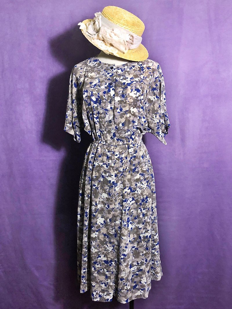 Oil painting short-sleeved vintage dress / abroad brought back VINTAGE - ชุดเดรส - เส้นใยสังเคราะห์ สีน้ำเงิน