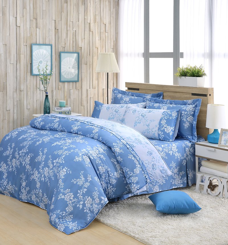 雙人尺寸古典羅曼史-天絲兩用被床罩六件組【100%萊賽爾】帝王摺 - 寢具/床單/被套 - 絲．絹 藍色