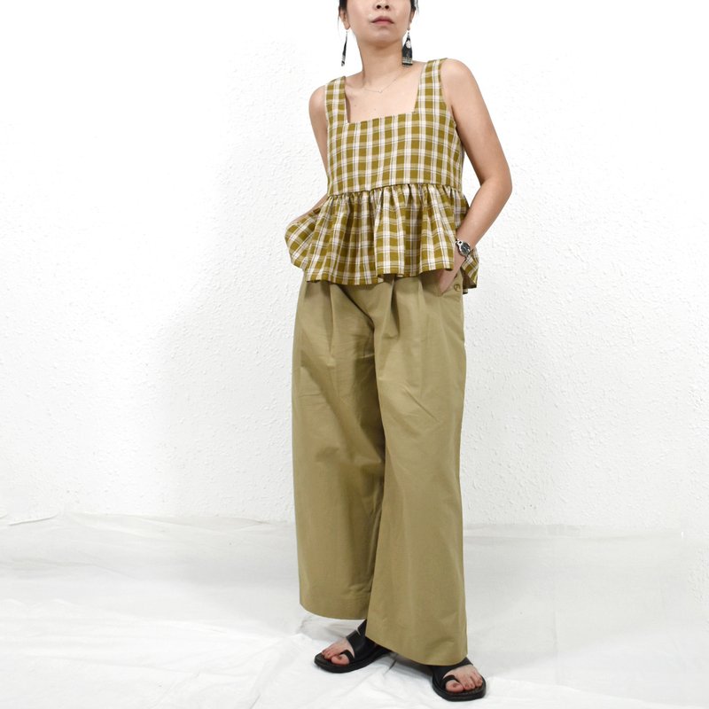 Ellie Tank- Khaki Plaid 大氣方領寬鬆背心 - 背心/無袖上衣 - 棉．麻 