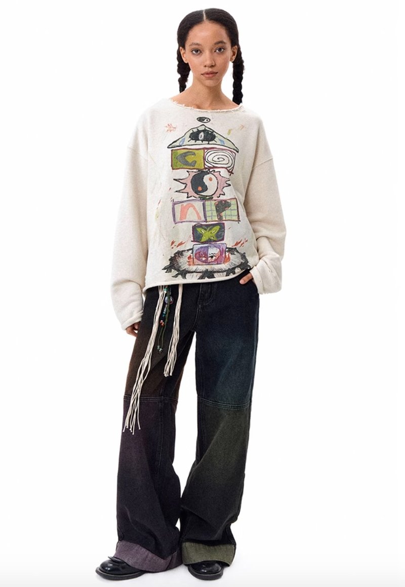 Japanese retro hopscotch crew neck top - เสื้อผู้หญิง - วัสดุอื่นๆ ขาว