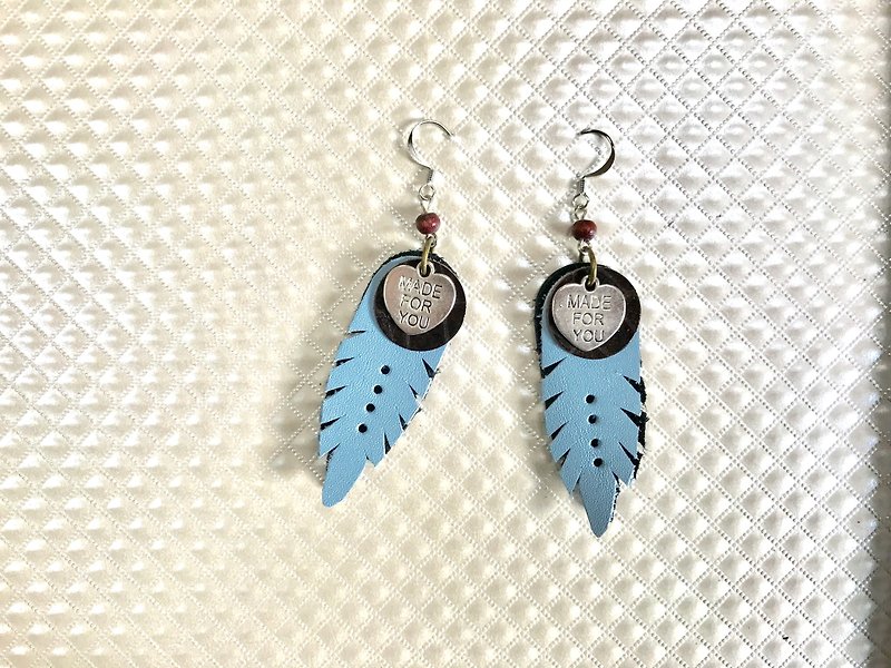 POPO│ heart leaf │ leather earrings - Earrings & Clip-ons - Genuine Leather Blue