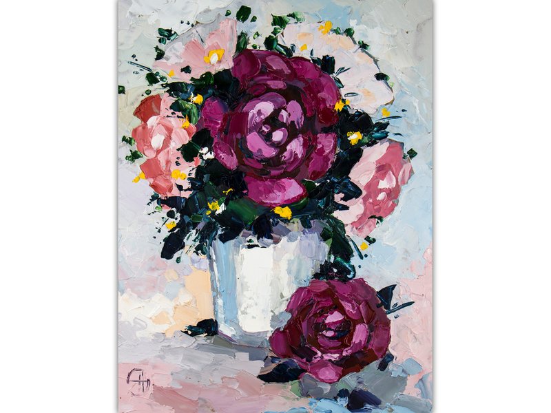 Peony Painting Bouquet Flowers Original Art Florals Still Life Oil Painting - โปสเตอร์ - วัสดุอื่นๆ สีม่วง