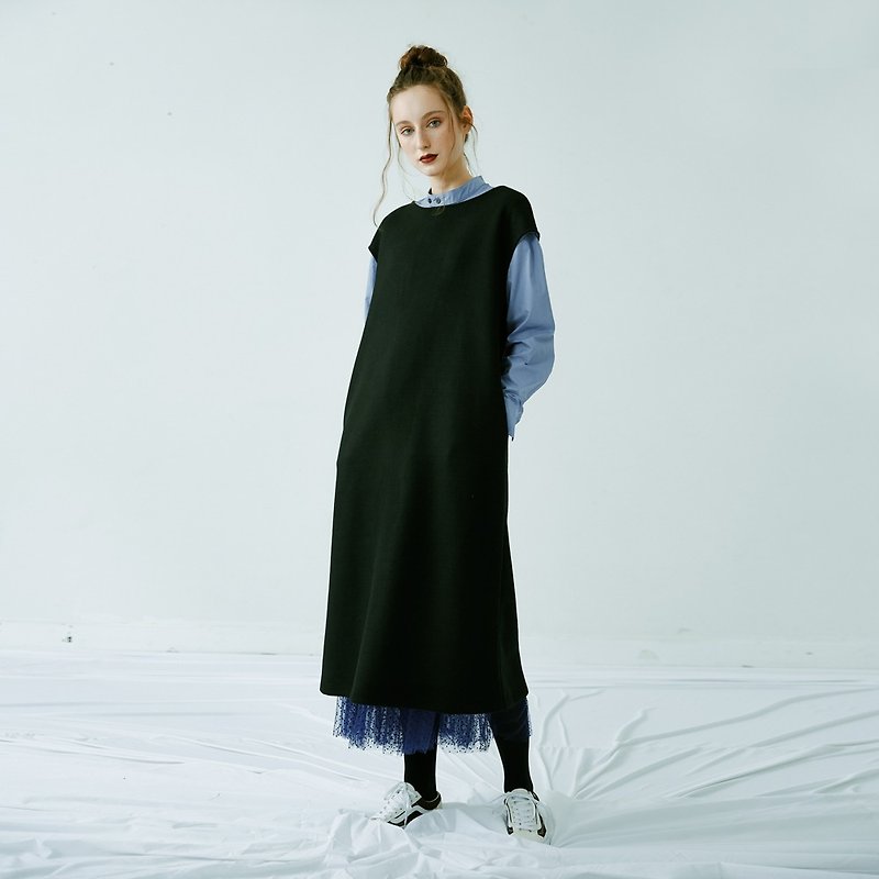 Black knit wool long dress - Skirts - Wool Black