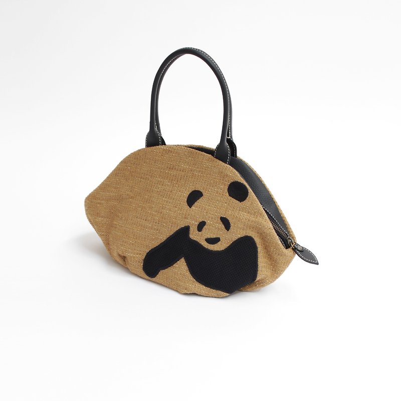 真皮 手提包/手提袋 咖啡色 - Smile panda embroidery almond bag