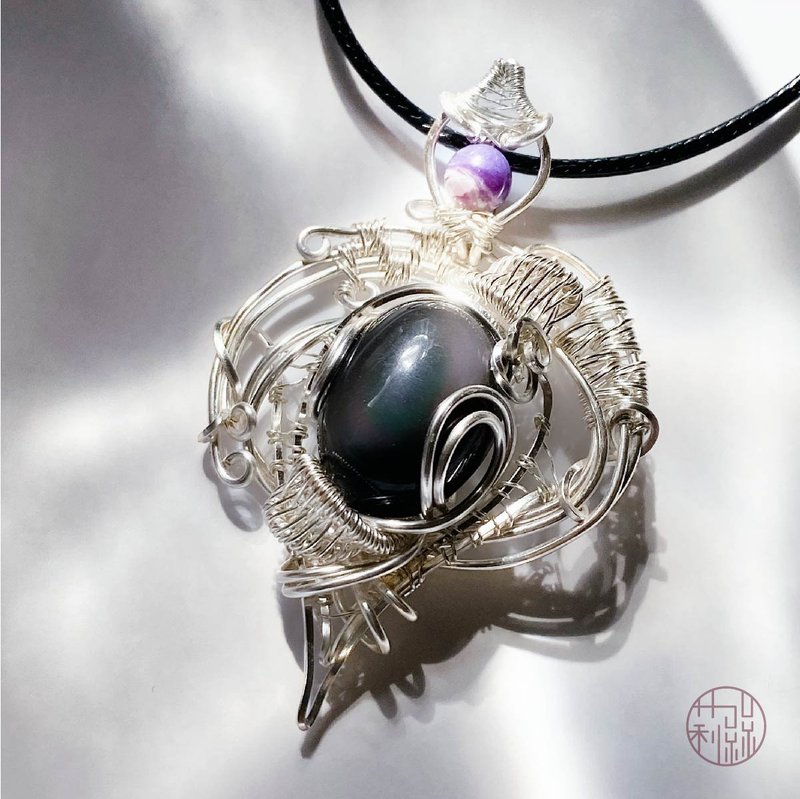 [Unique] Guardian Aegis | Obsidian Necklace Metal Woven (with adjustable leather strap) - Necklaces - Crystal Black