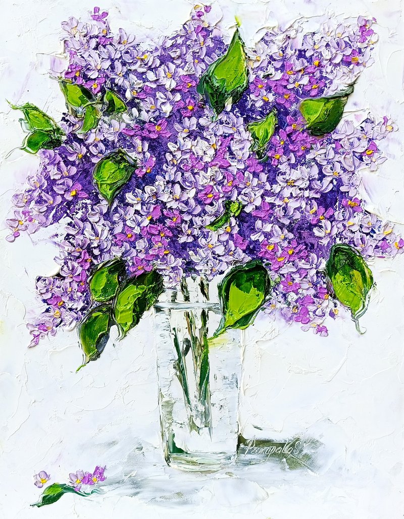 Lilac Oil Painting Original Artwork Impasto FlowerArt Lilac Flowers 14 x 11 - ตกแต่งผนัง - วัสดุอื่นๆ 