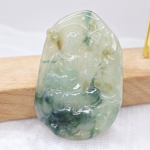 緣圓翡翠 溫潤冰飄藍花灑金地藏王吊墜 | 天然緬甸玉A貨翡翠