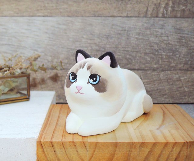 ラグドール　猫　羊毛フェルト　籠付き　ハンドメイド　置物　インテリア　雑貨 妖精ラグドール猫 長髪猫飾り 手作り木製癒し猫 小さな木彫り