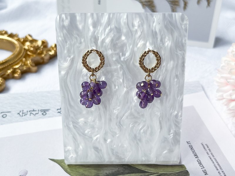 Natural Amethyst Grape 14K Gold Wheat Earrings S925 Sterling Silver Earrings - ต่างหู - คริสตัล สีม่วง