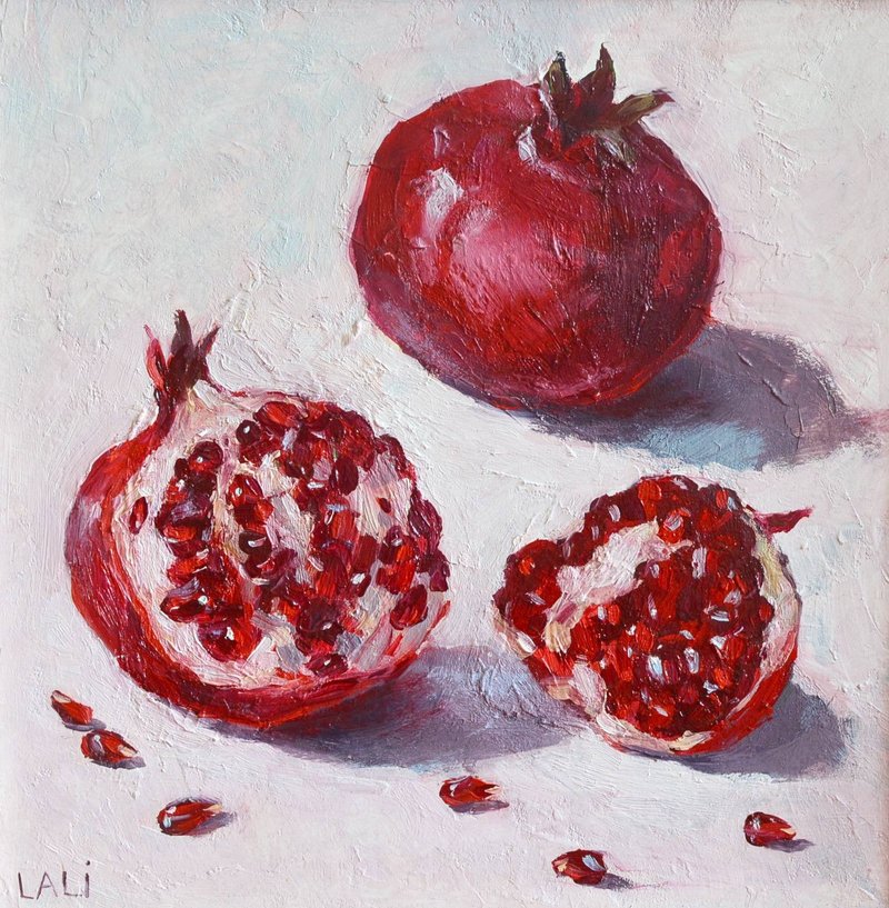 石榴 原創油畫 現代藝術 當代藝術 水果 20x20cm - 插畫/繪畫/寫字 - 其他金屬 紅色