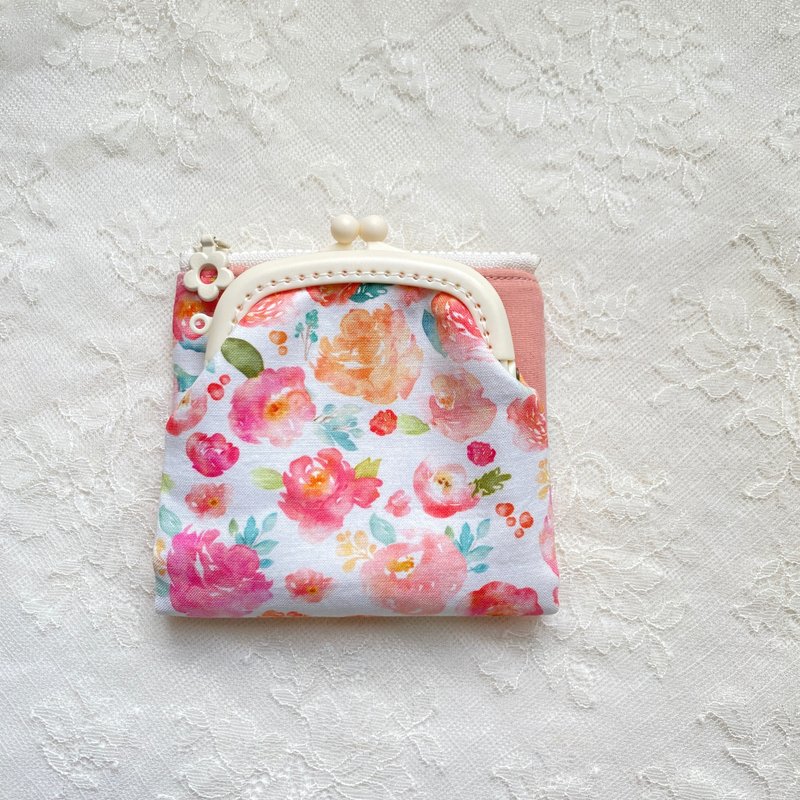 粉彩花多功能口金拉鍊夾包 - 錢包/皮夾/長短夾 - 棉．麻 
