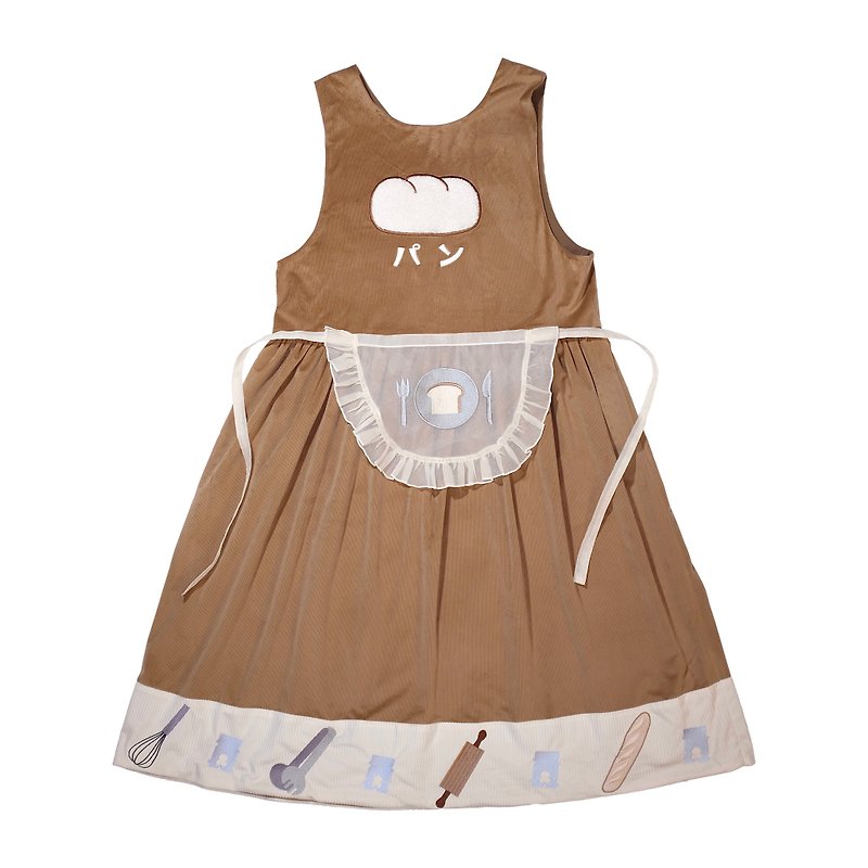 【Assault Bakery】Bread Patch Embroidered Tank Top Dress - ชุดเดรส - ผ้าฝ้าย/ผ้าลินิน สีนำ้ตาล