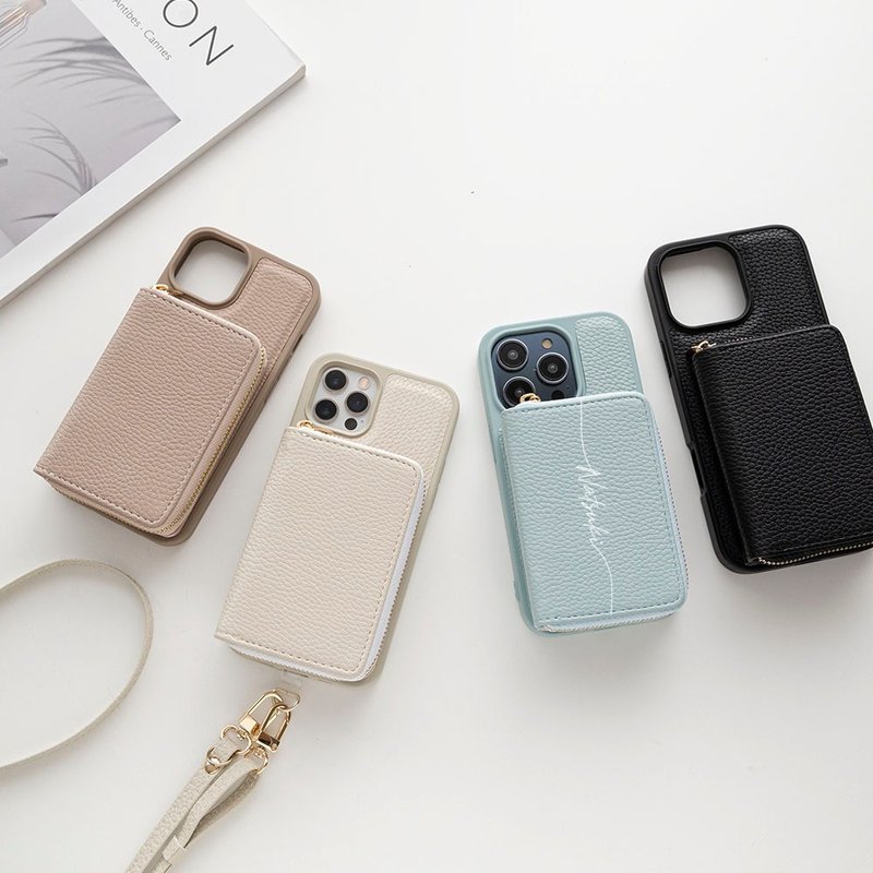 多機種対応 カラーリアケース 【 スライド式 2Cポーチ 名入れ 】 スマホショルダー ポーチ JE18U - 手機殼/手機套 - 人造皮革 藍色