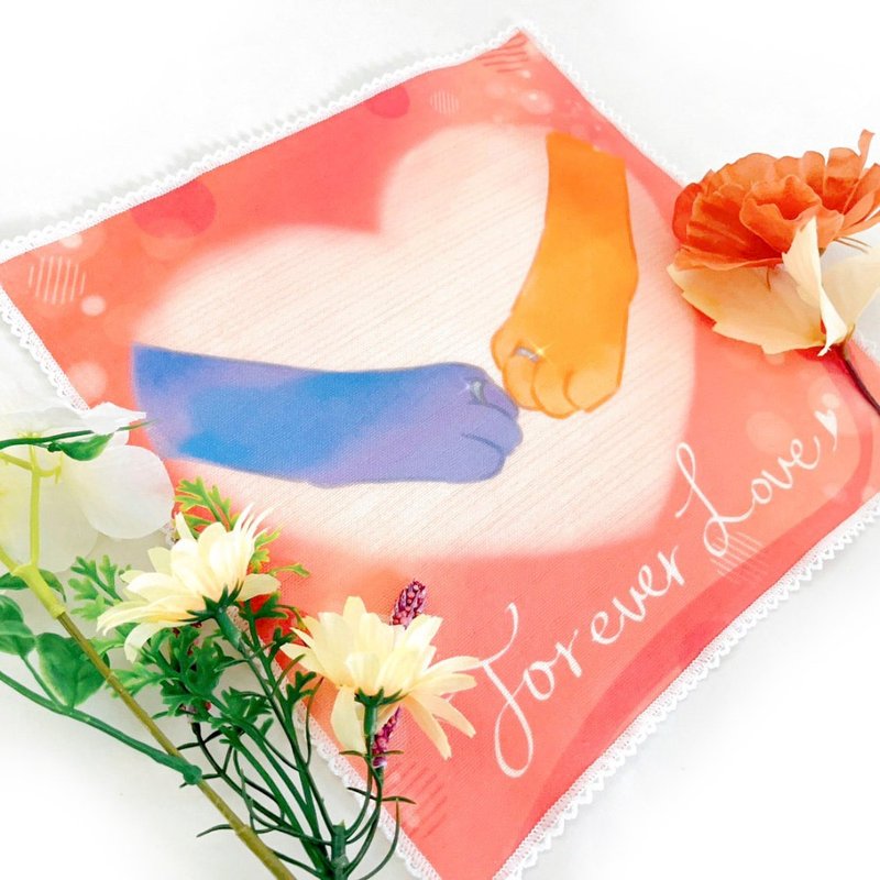 純棉100% MIT不掉色::插畫小方巾-執子之手 - 手帕 - 棉．麻 紅色