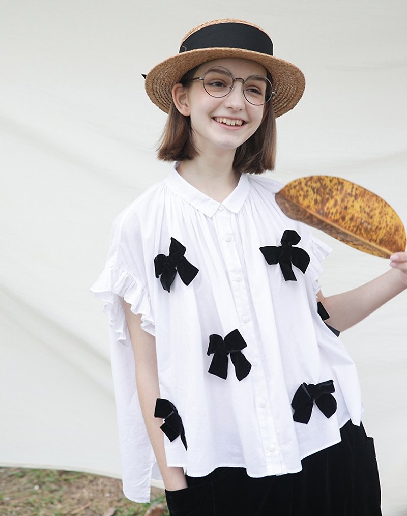 Black Bow Umbrella Shirt - imakokoni - เสื้อเชิ้ตผู้หญิง - ผ้าฝ้าย/ผ้าลินิน ขาว