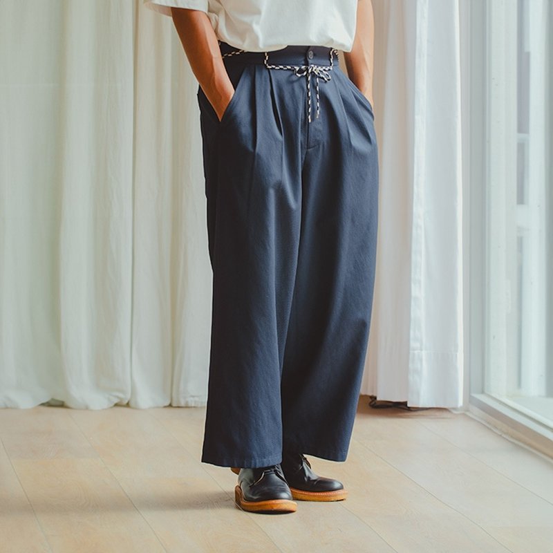 Shamilan Sichuan style straight wide pants - กางเกงขายาว - เส้นใยสังเคราะห์ สีน้ำเงิน