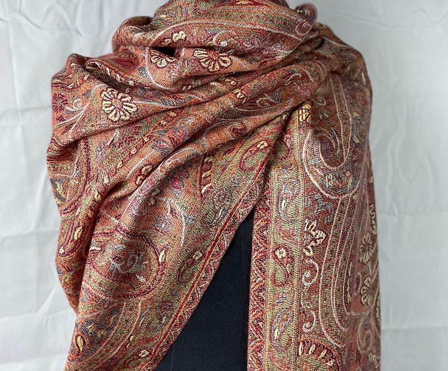 インド、カシミール産の手織りシルクショール - レトロなピンク
