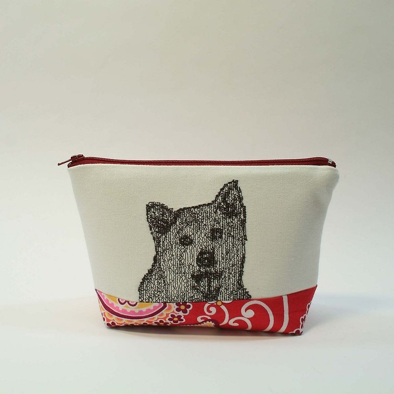 Shiba Inu embroidery Cosmetic 06- - กระเป๋าเครื่องสำอาง - ผ้าฝ้าย/ผ้าลินิน สีแดง