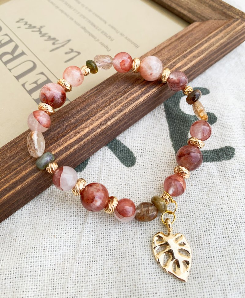 Red glue flower copper hair crystal color tourmaline 14K gold-covered hand-made design energy crystal bracelet - Bracelets - Crystal 