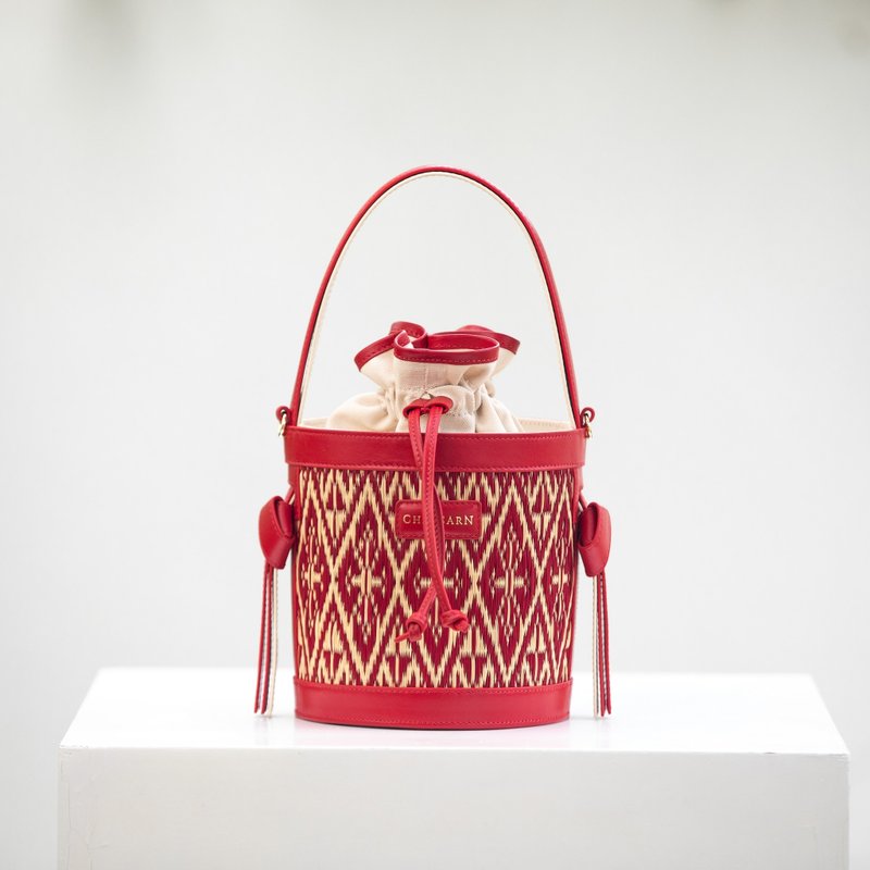 Chaksarn Mini Bucket: Natural Red Straw with Red Genuine Cowhide Leather - Handbags & Totes - Genuine Leather Red