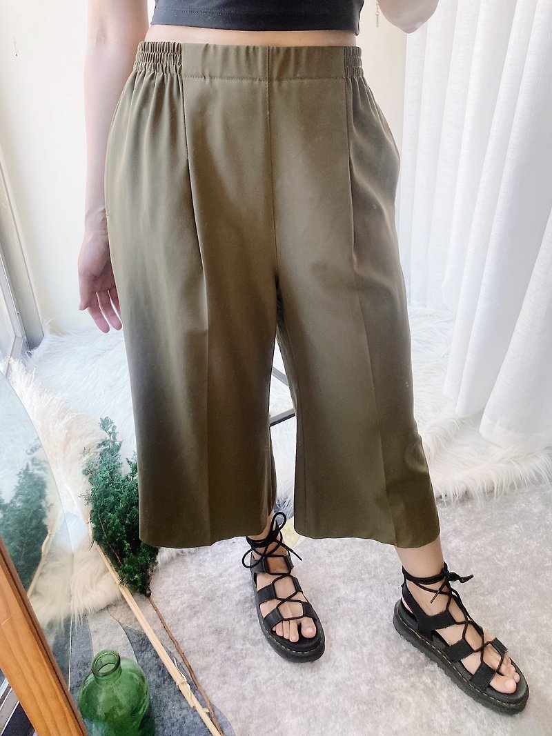 Olive dark green classic plain pocket stretch waist thick chiffon thin material trousers wide pants pants vintage - Women's Pants - Polyester Green
